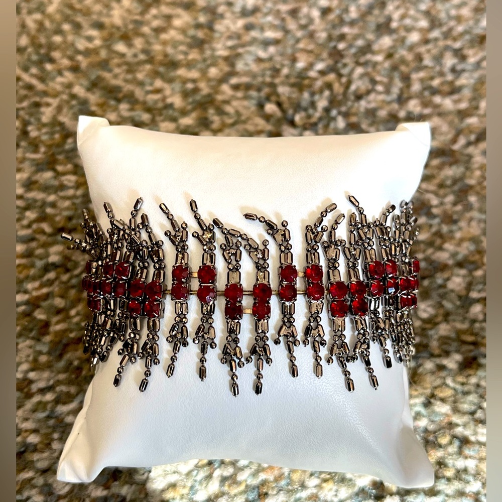 Dark Red and Gunmetal Colored Stretchy Beaded Bracelet